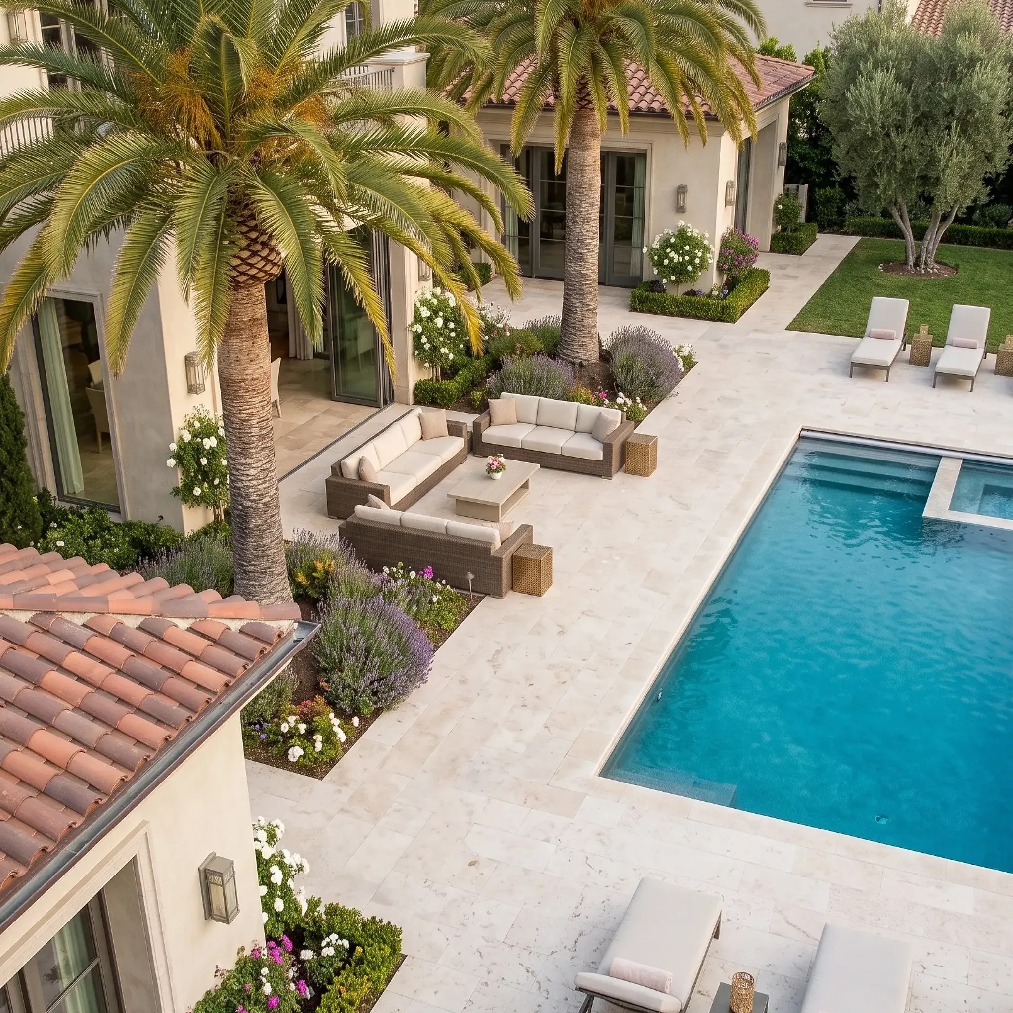 aerial Mediterranean villa: cream travertine-look paving around pool, wicker sofas, loungers, palms,…