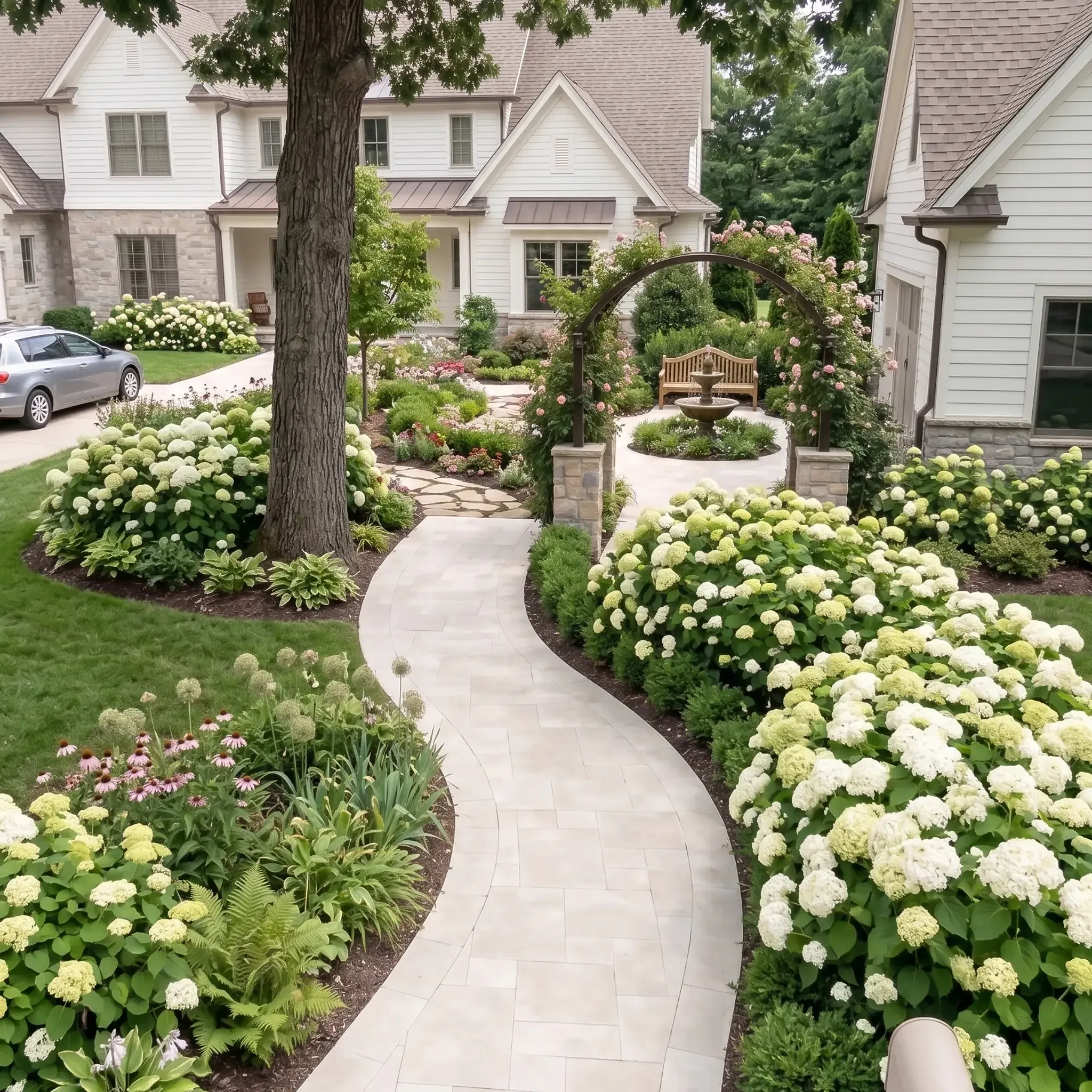 curving garden path: pale cream pavers between hydrangea beds, iron arbor, bench and fountain, white house,…
