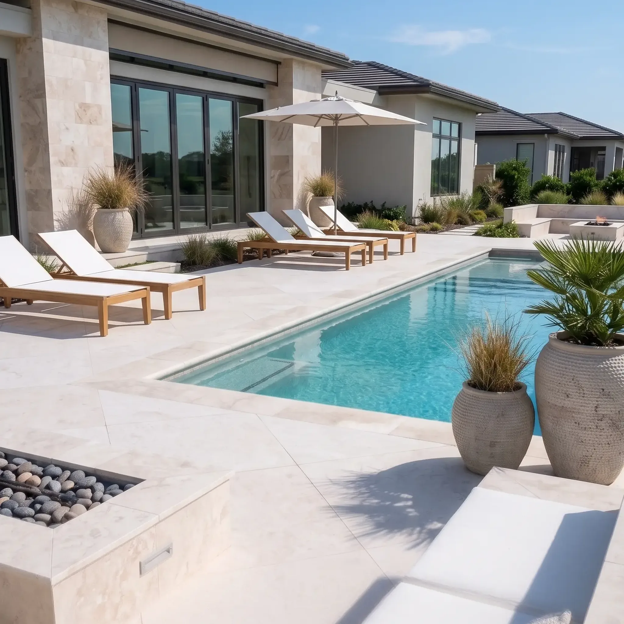 Cream limestone pavers on a luxury pool deck with white loungers, umbrella, pebble fire pit, textured planters and…
